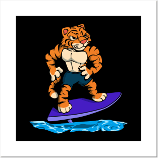 Tiger surfer on hydrofoil surfboard Posters and Art